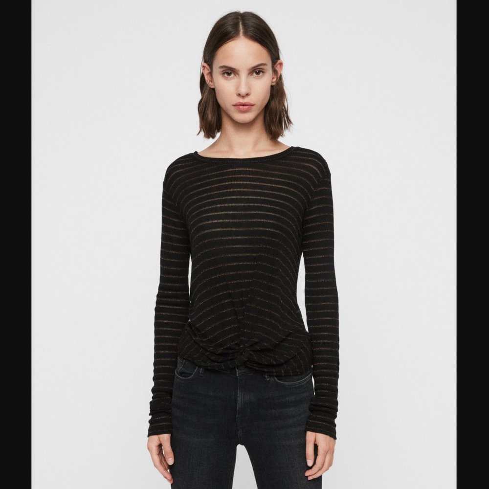 ALLSAINTS SHEER STRIPED LONG SLEEVE TOP CARME SHIMMER STRIPE LS TEE